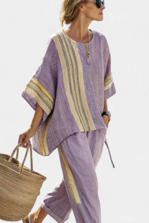 Embroidered Stripe Oversized Linen Two Piece Set Women