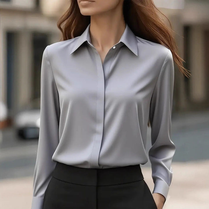 Satin Collar Long Sleeve Fitted Blouse Women