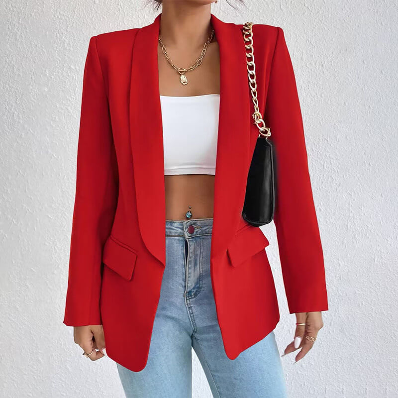 Open Front Shawl Collar Welt Pocket Longline Fitted Blazer