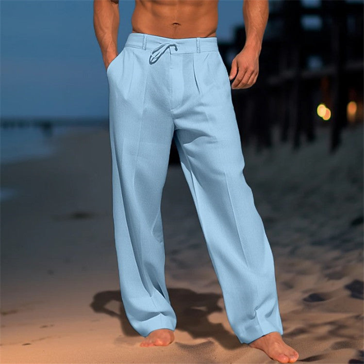 Pleated Drawstring Linen Mens Casual Trousers - Resort Summer