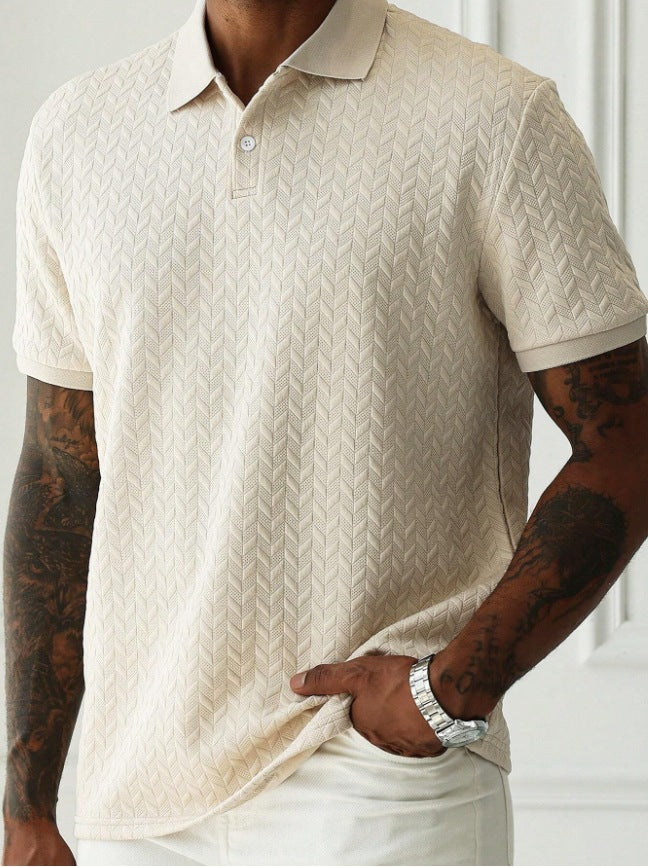 Chevron Texture Button Placket Short Sleeve Knit Polo Shirt
