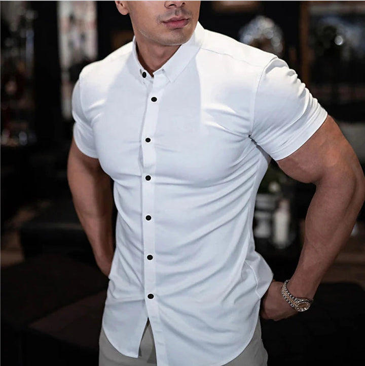 Contrast Button Point Collar Short Sleeve Muscle Fit Mens Casual Shirt