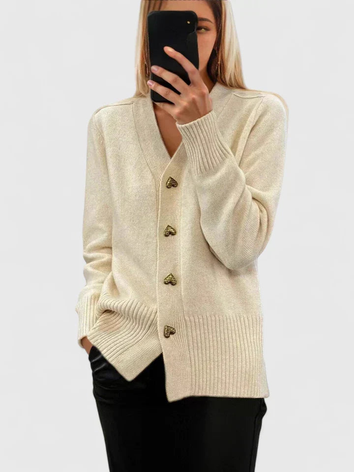 Odette | Women's V-Neck Cashmere Cardigan with Gold Heart Buttons