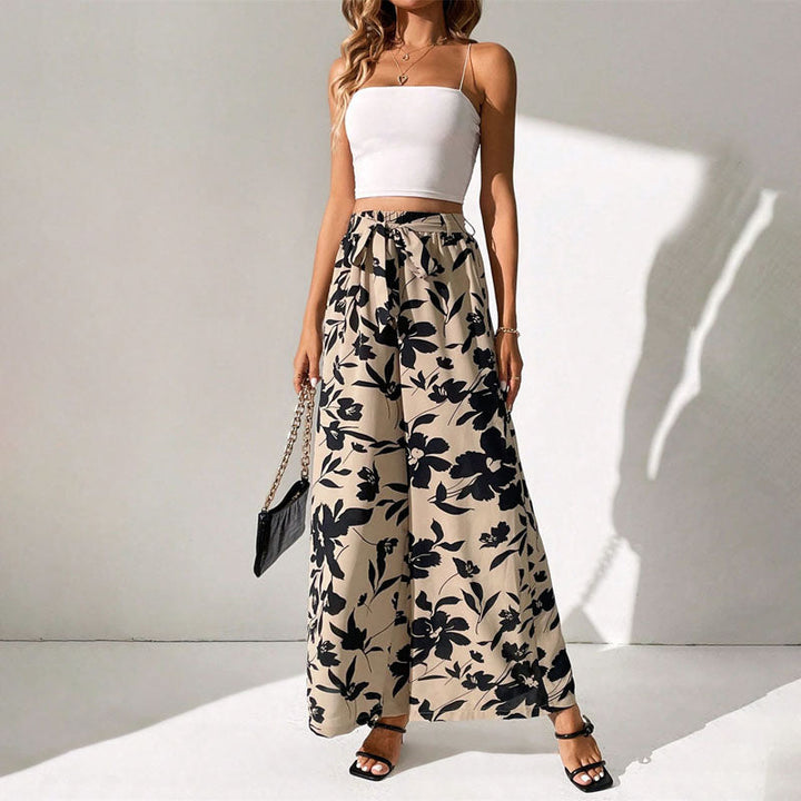 Floral Print Belted High Waisted Wide Leg Pants Women