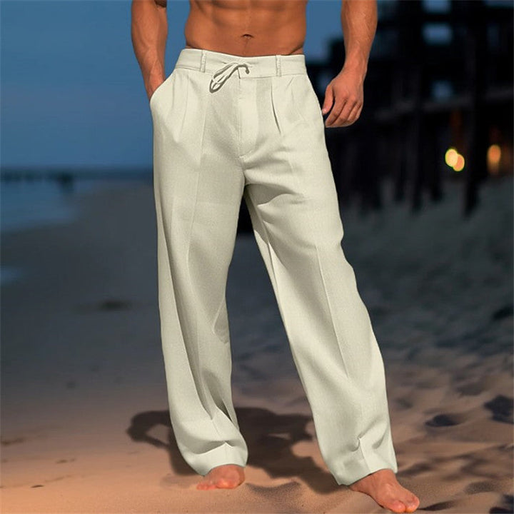 Pleated Drawstring Linen Mens Casual Trousers - Resort Summer