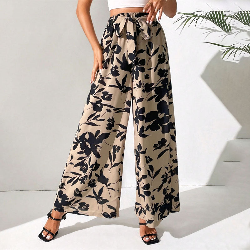 Floral Print Belted High Waisted Wide Leg Pants Women