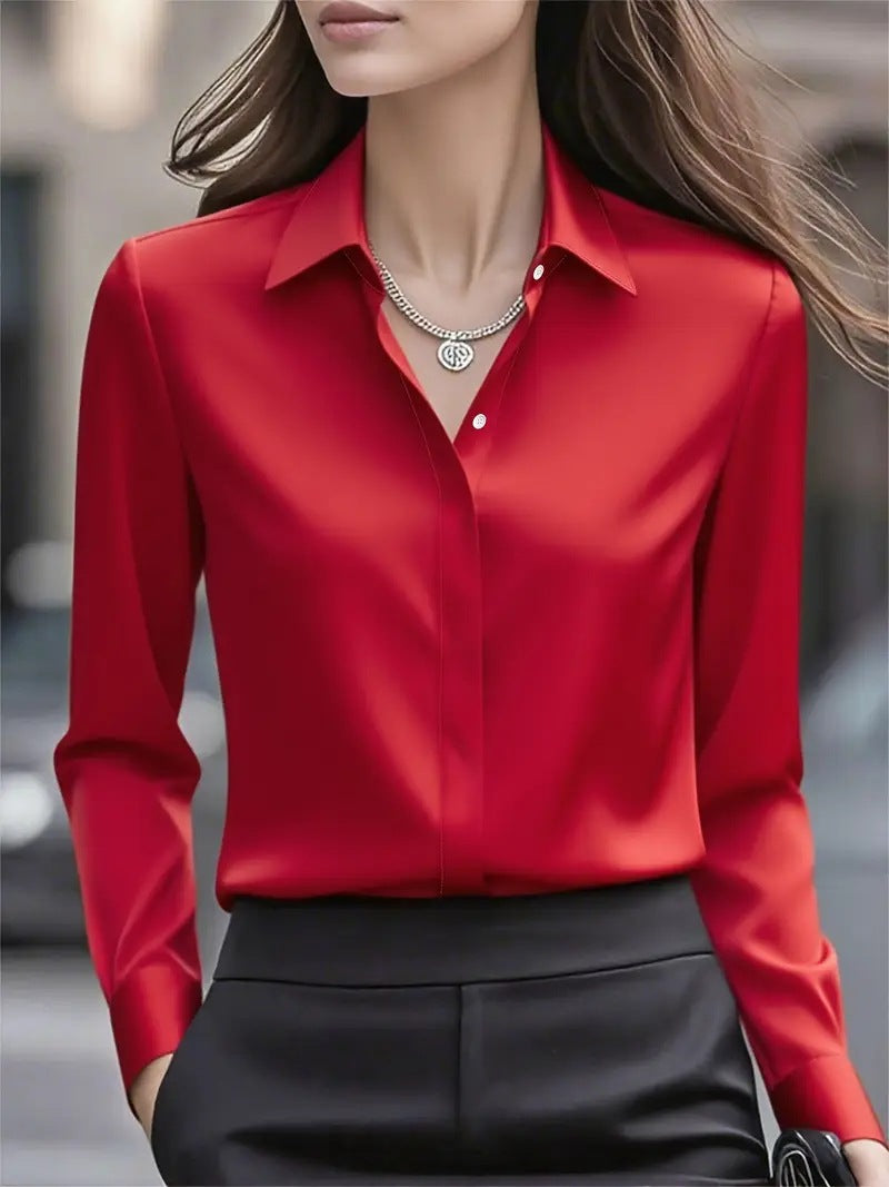 Satin Collar Long Sleeve Fitted Blouse Women
