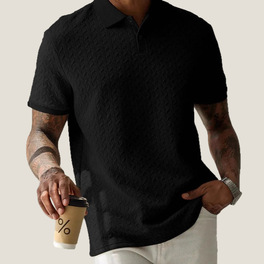 Chevron Texture Button Placket Short Sleeve Knit Polo Shirt