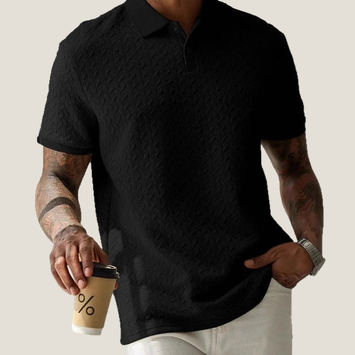 Chevron Texture Button Placket Short Sleeve Knit Polo Shirt