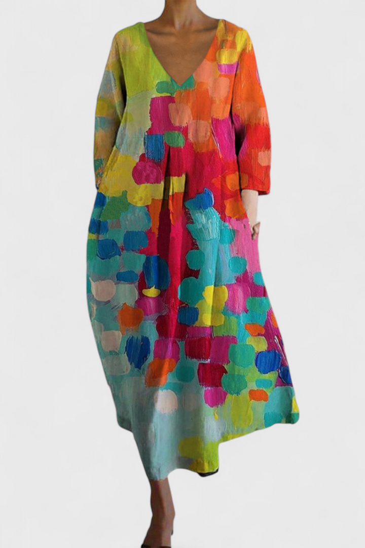 Colourful Abstract Midi Dress Loose Fit Three Quarter Sleeve