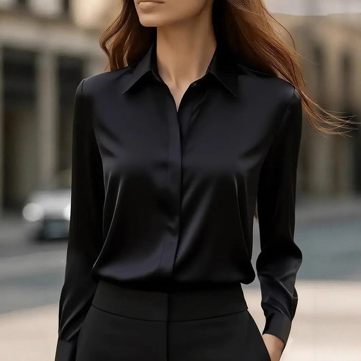 Satin Collar Long Sleeve Fitted Blouse Women
