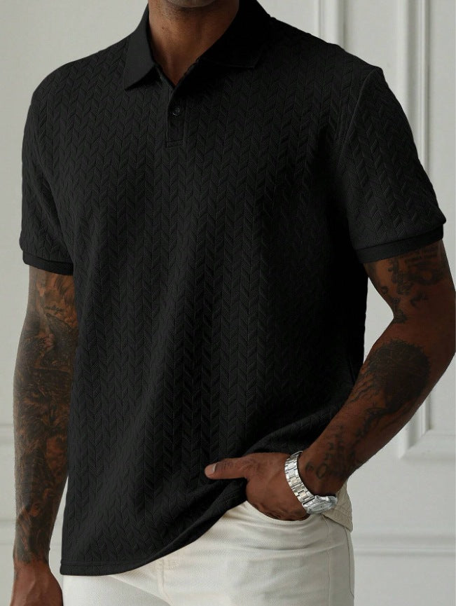 Chevron Texture Button Placket Short Sleeve Knit Polo Shirt