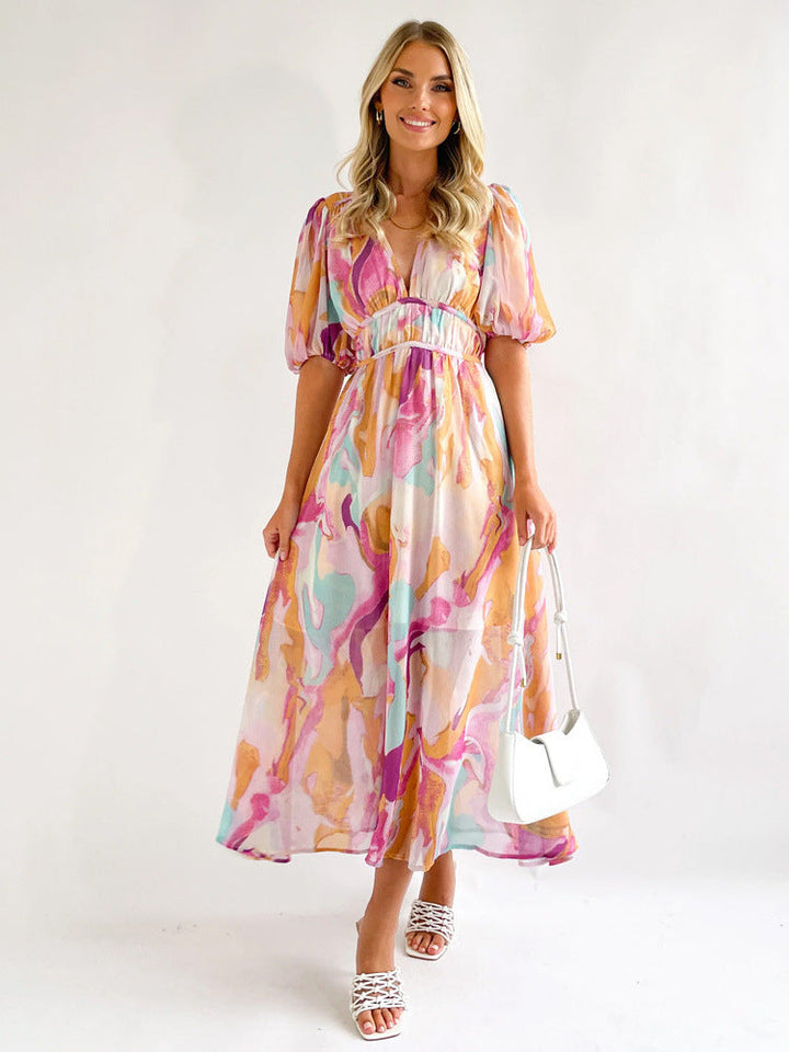 Women's Abstract Print Maxi Dress Puff Sleeve V Neck Summer Wedding Guest