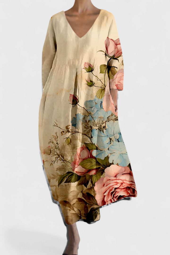Colourful Abstract Midi Dress Loose Fit Three Quarter Sleeve