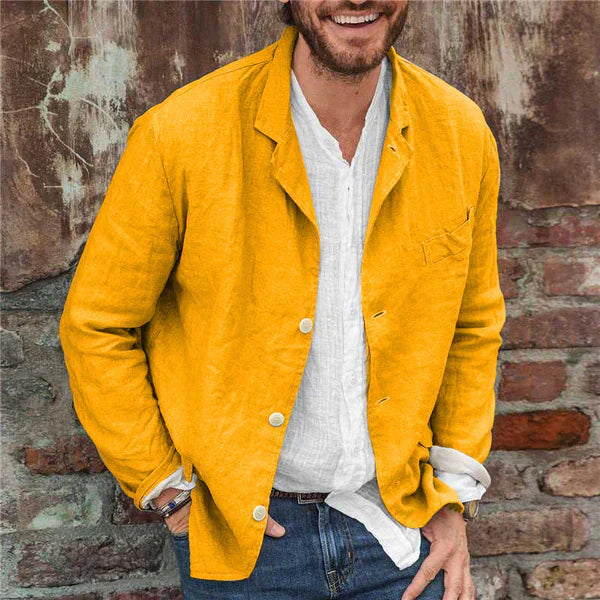 Notch Lapel Three Button Chest Pocket Linen Blazer