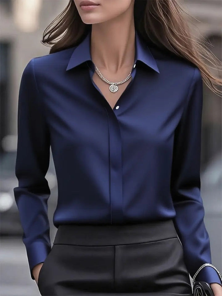 Satin Collar Long Sleeve Fitted Blouse Women