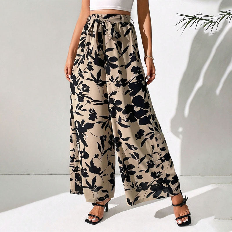 Floral Print Belted High Waisted Wide Leg Pants Women