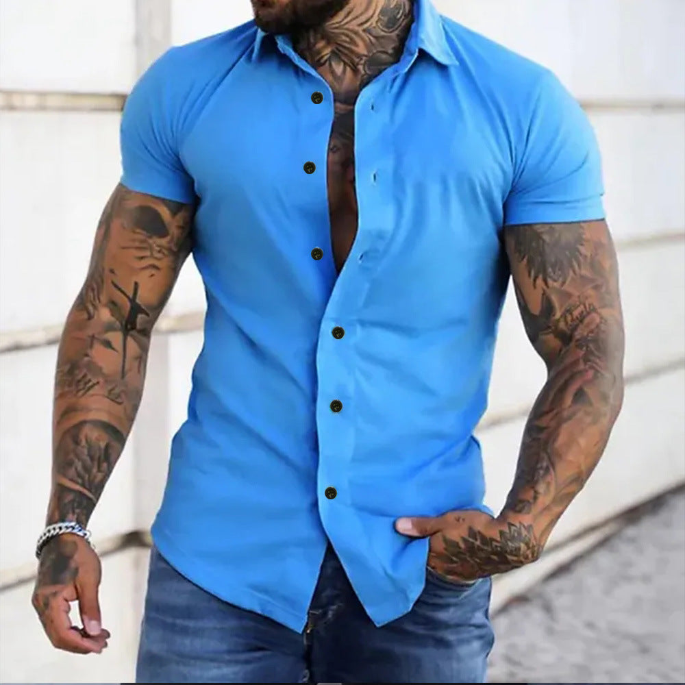 Contrast Button Point Collar Short Sleeve Muscle Fit Mens Casual Shirt
