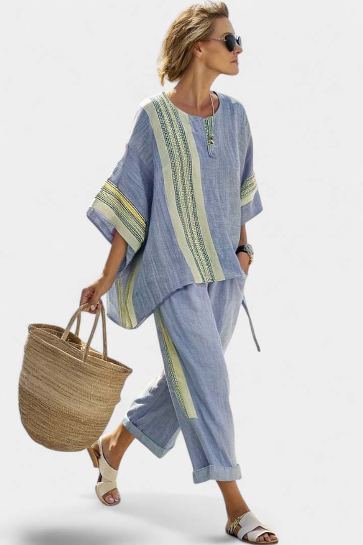 Embroidered Stripe Oversized Linen Two Piece Set Women