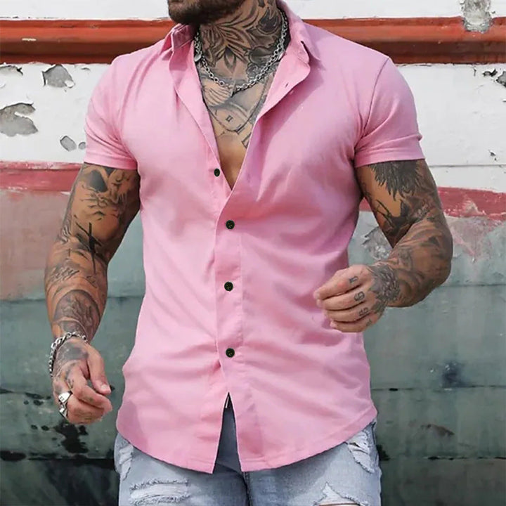Contrast Button Point Collar Short Sleeve Muscle Fit Mens Casual Shirt