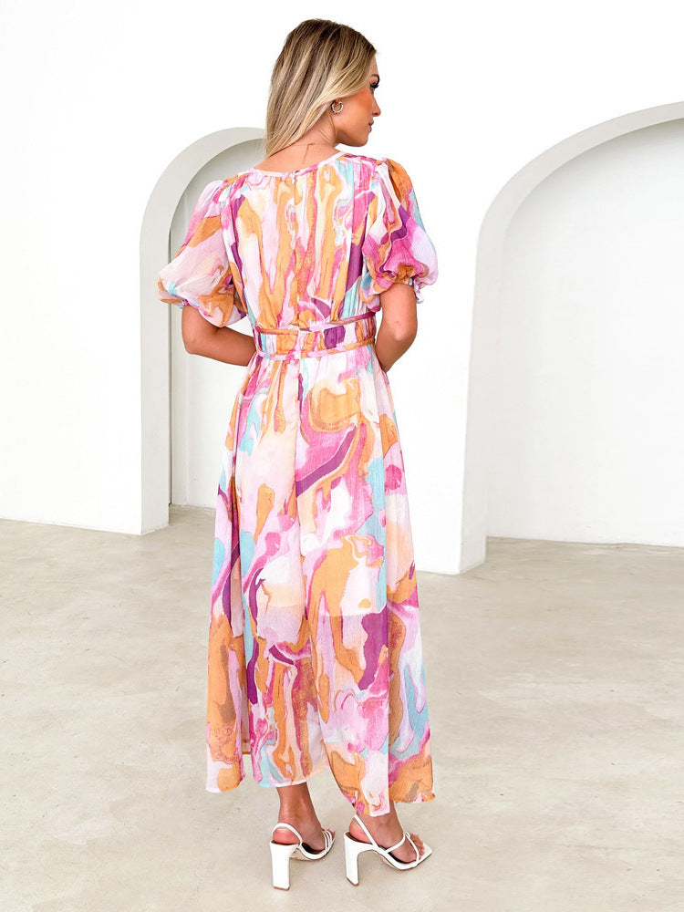 Women's Abstract Print Maxi Dress Puff Sleeve V Neck Summer Wedding Guest