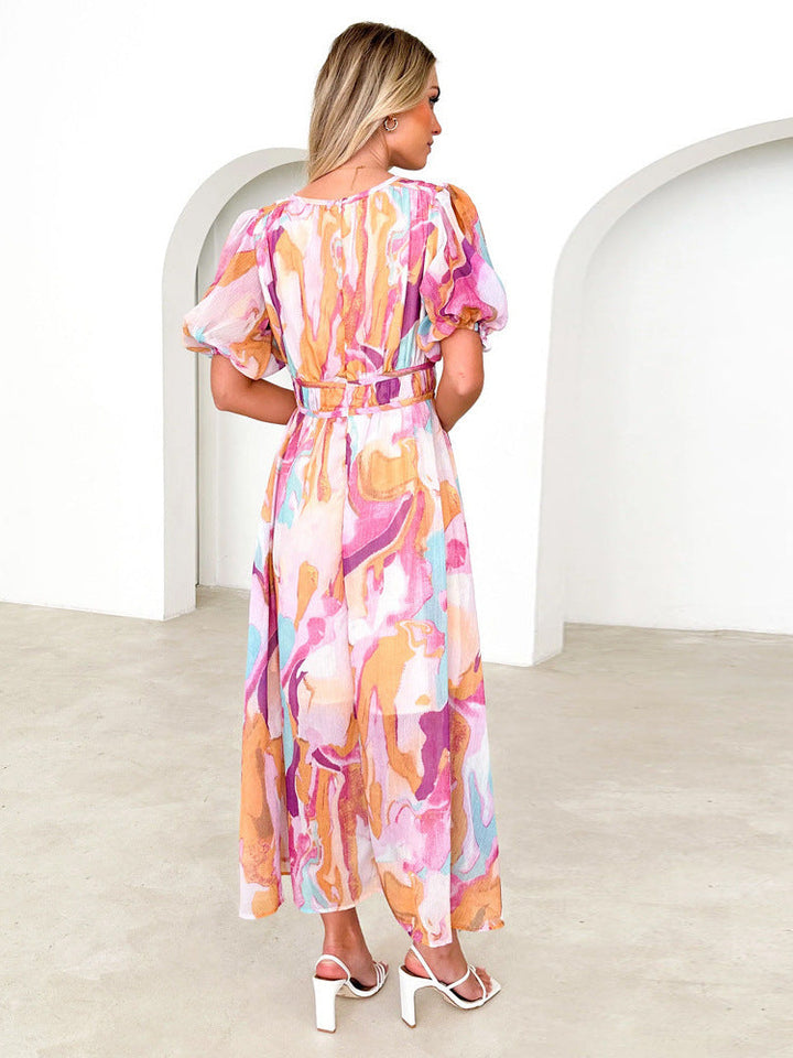 Women's Abstract Print Maxi Dress Puff Sleeve V Neck Summer Wedding Guest