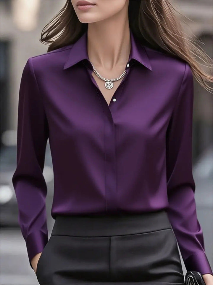 Satin Collar Long Sleeve Fitted Blouse Women