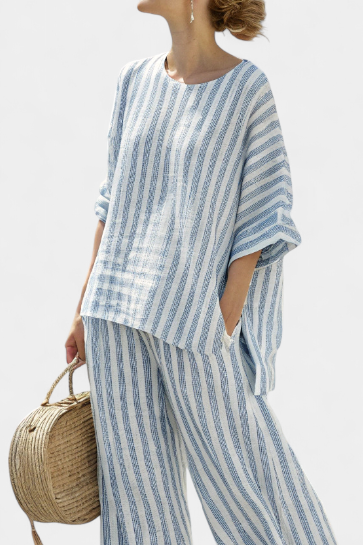 Striped Linen Two Piece Set Women - Summer Beach