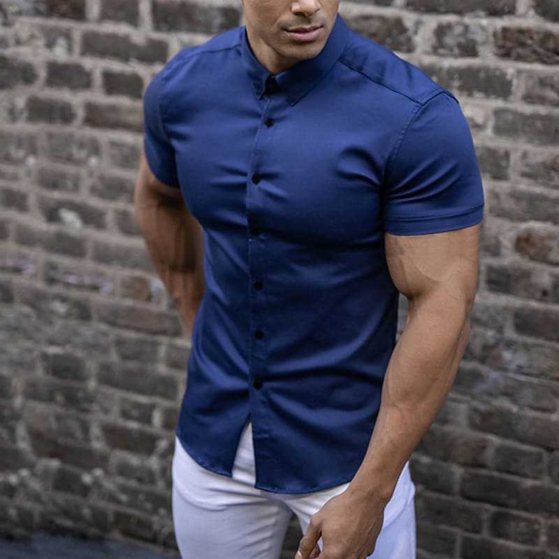 Contrast Button Point Collar Short Sleeve Muscle Fit Mens Casual Shirt