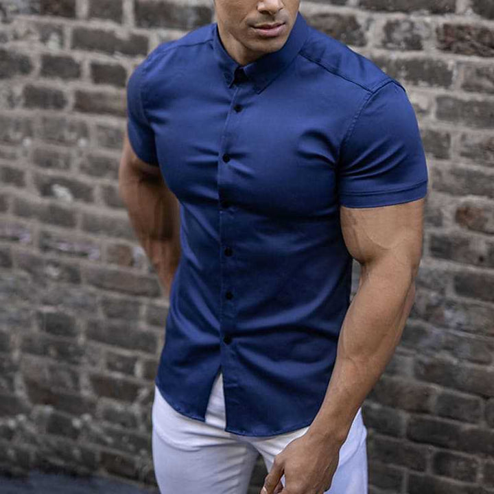 Contrast Button Point Collar Short Sleeve Muscle Fit Mens Casual Shirt