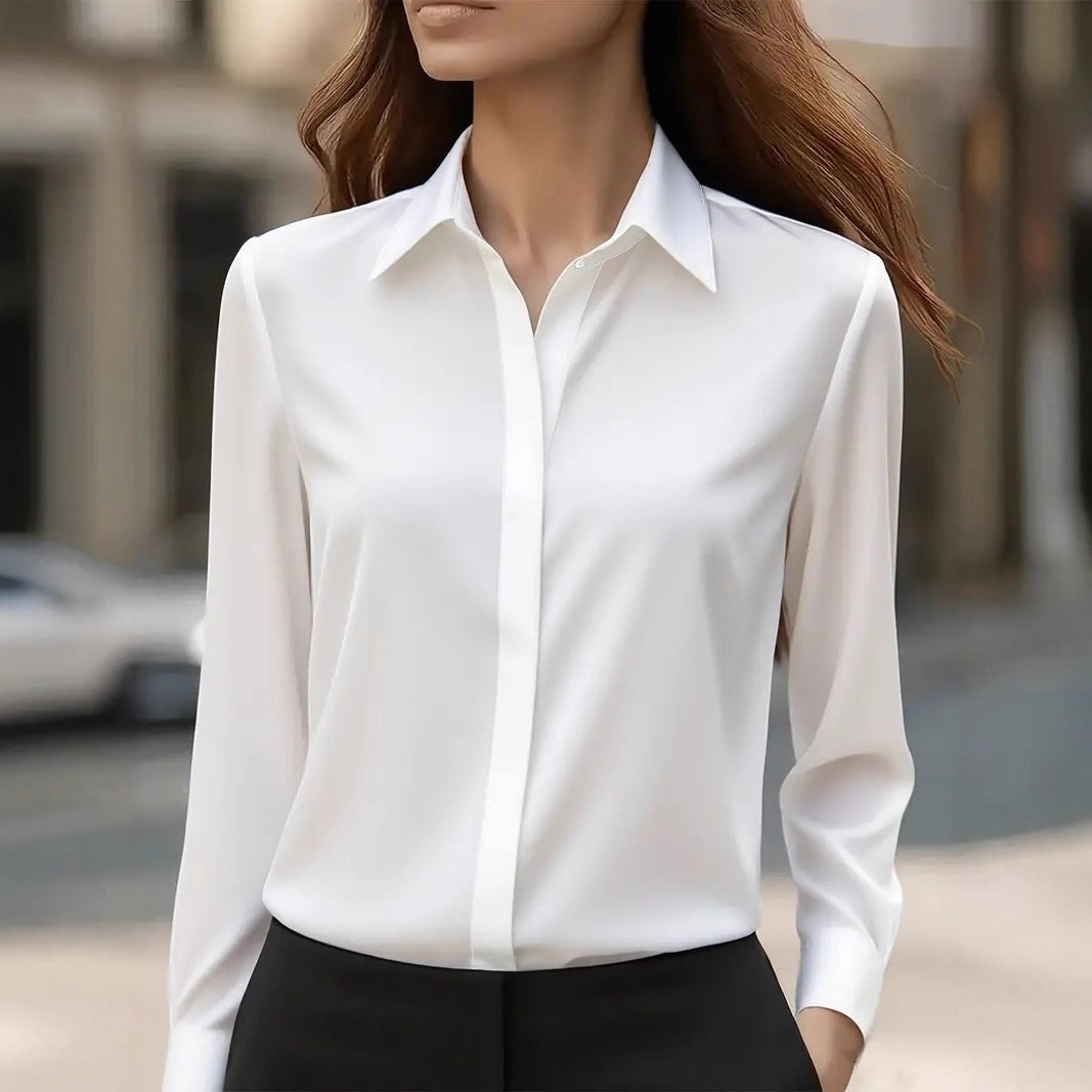 Satin Collar Long Sleeve Fitted Blouse Women