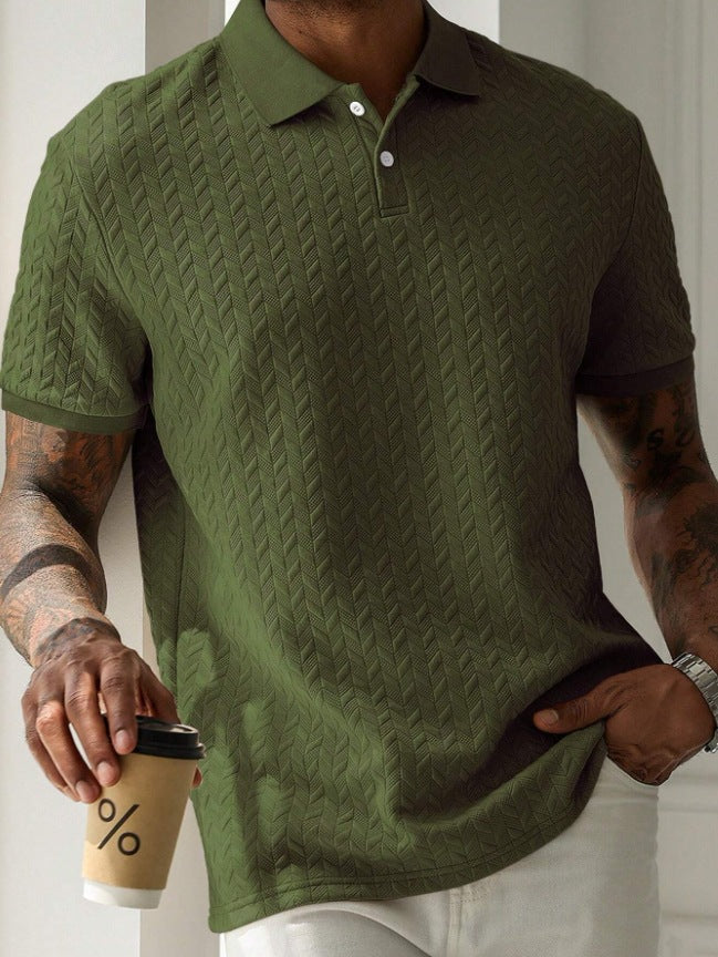 Chevron Texture Button Placket Short Sleeve Knit Polo Shirt