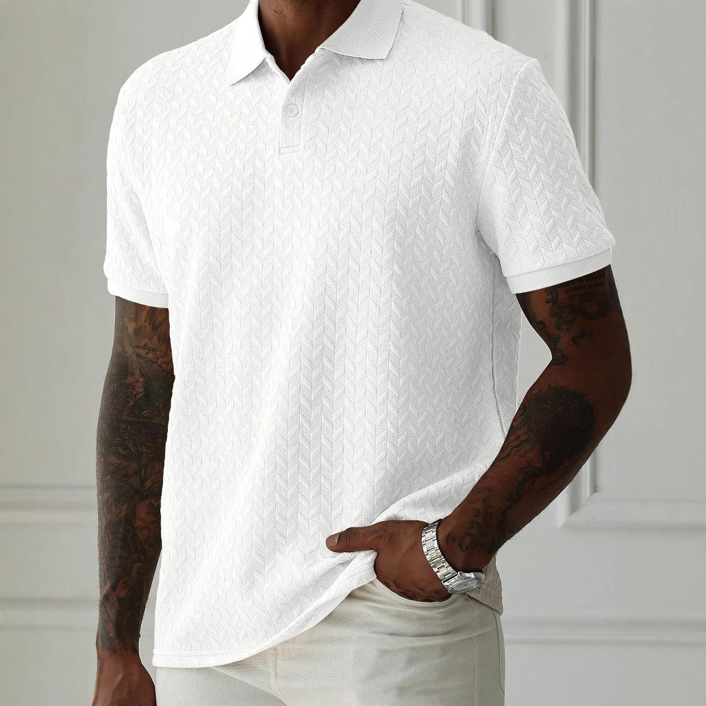 Chevron Texture Button Placket Short Sleeve Knit Polo Shirt