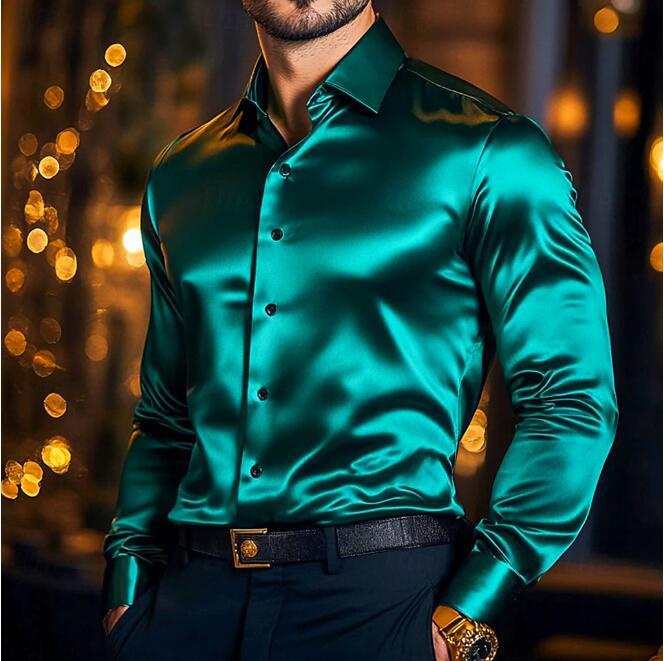 Satin Finish Slim Fit Long Sleeve Button Down Mens Dress Shirt
