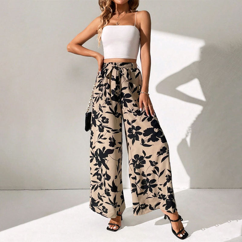 Floral Print Belted High Waisted Wide Leg Pants Women