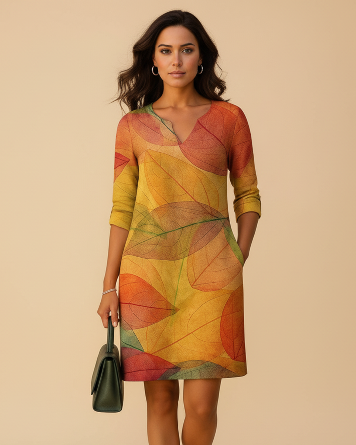 Casual Botanical Print Three Quarter Sleeve Mini Dress