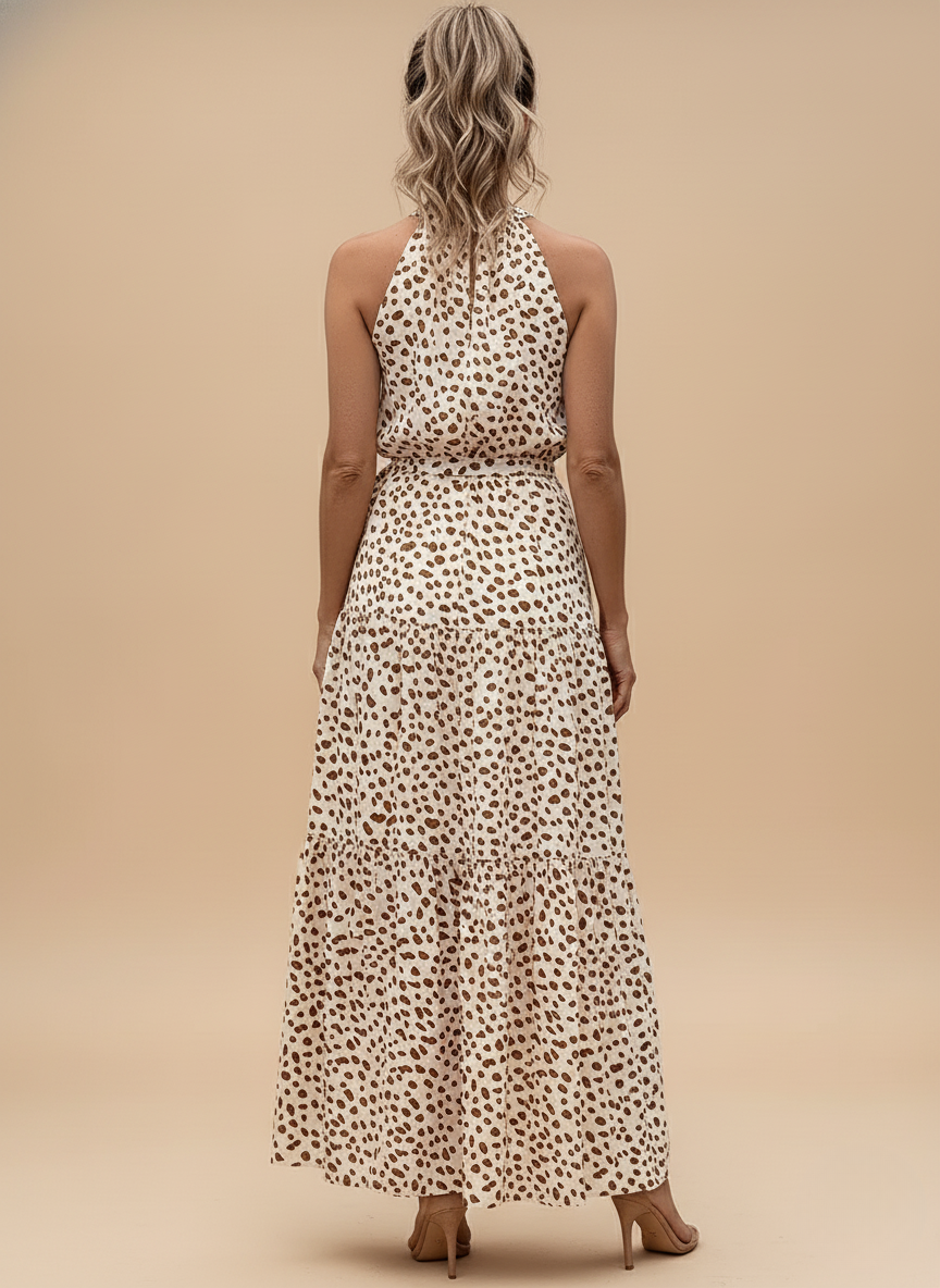 Leopard Print Halter Neck Tiered Flowy Maxi Dress