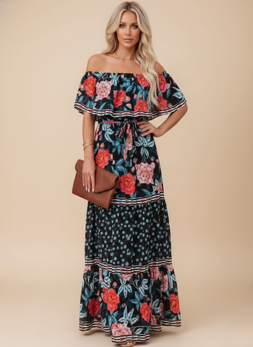 Floral Off Shoulder Tiered Boho Maxi Dress