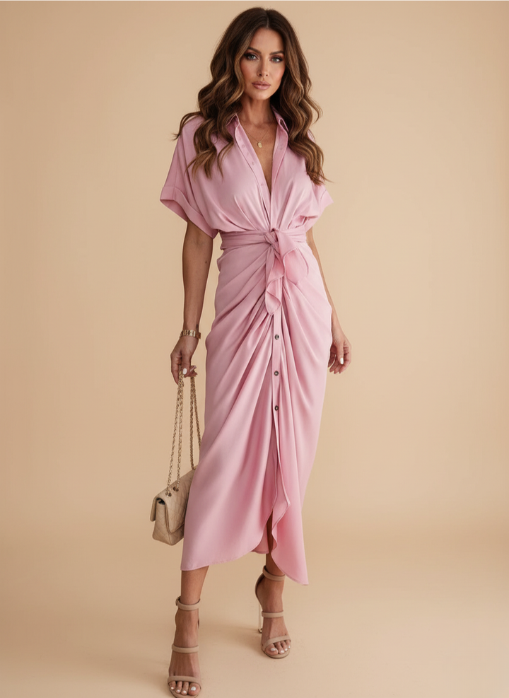 Satin Tie Front Draped Shirt Midi Dress - Wedding Guest