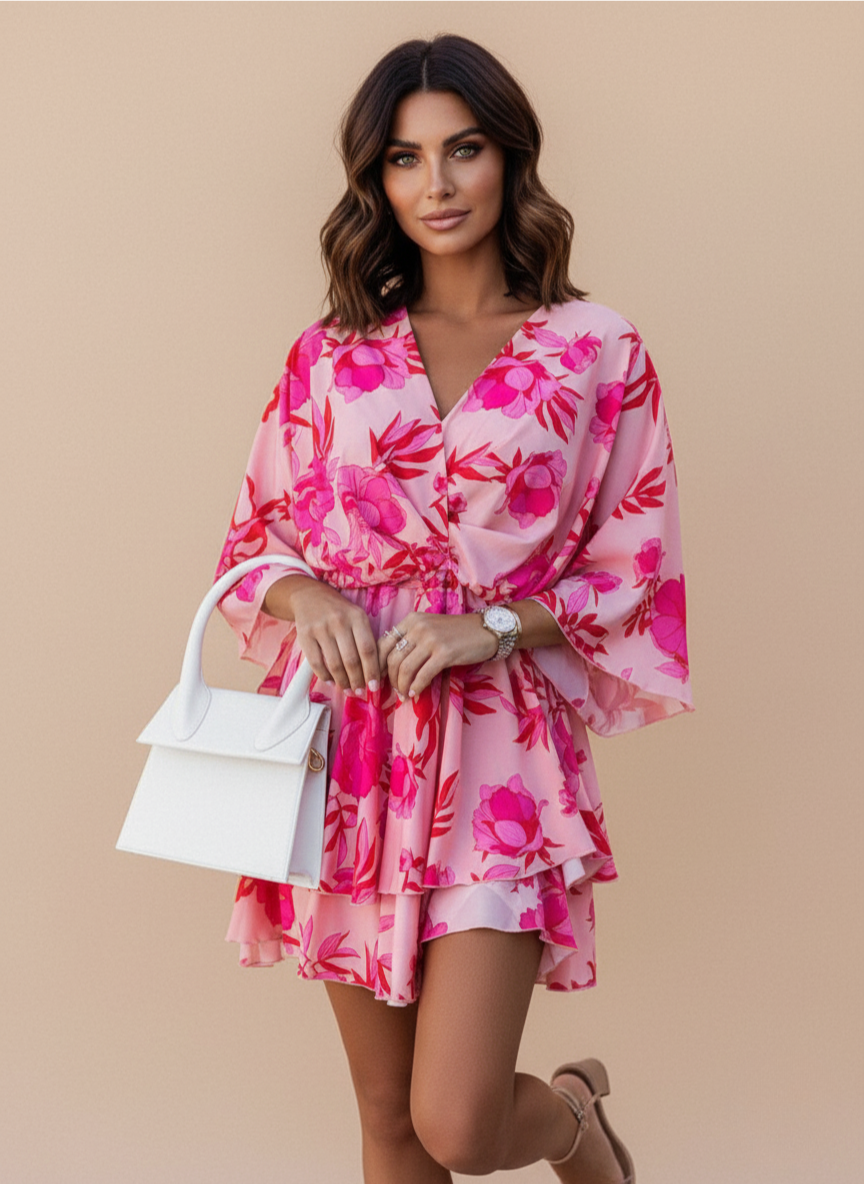 Floral Twist Front Tiered Boho Summer Mini Dress