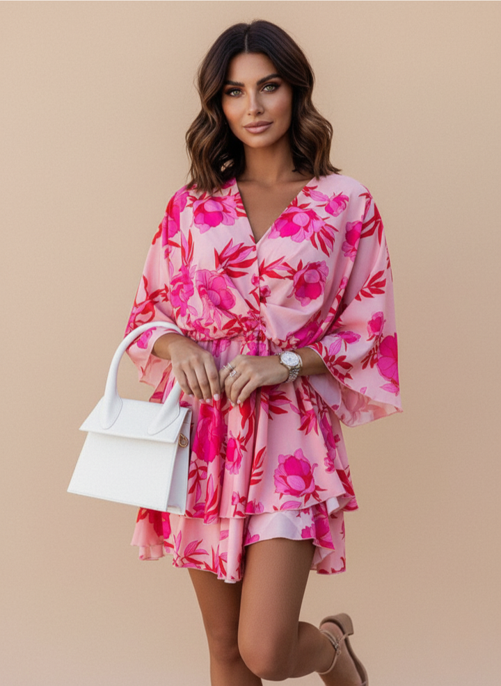 Floral Twist Front Tiered Boho Summer Mini Dress