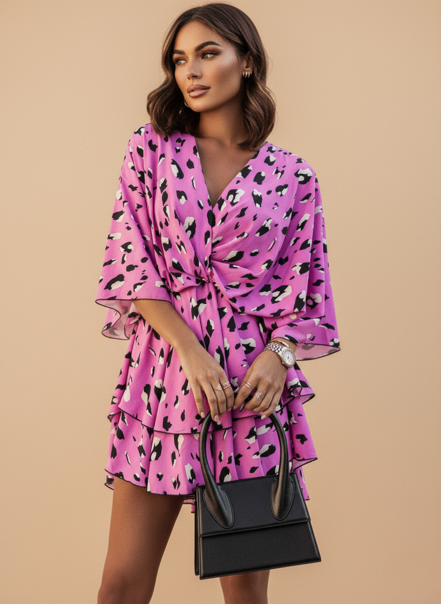 Floral Twist Front Tiered Boho Summer Mini Dress