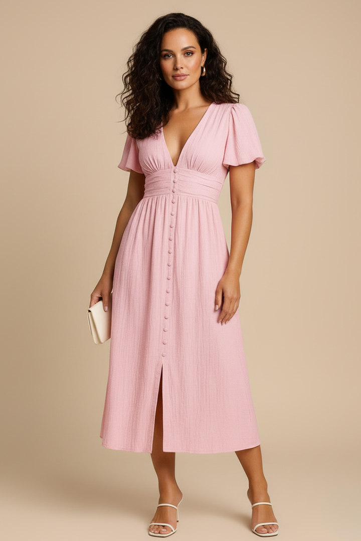 Ruched Flutter Sleeve Pleated A Line Midi Dress - Wedding Guest