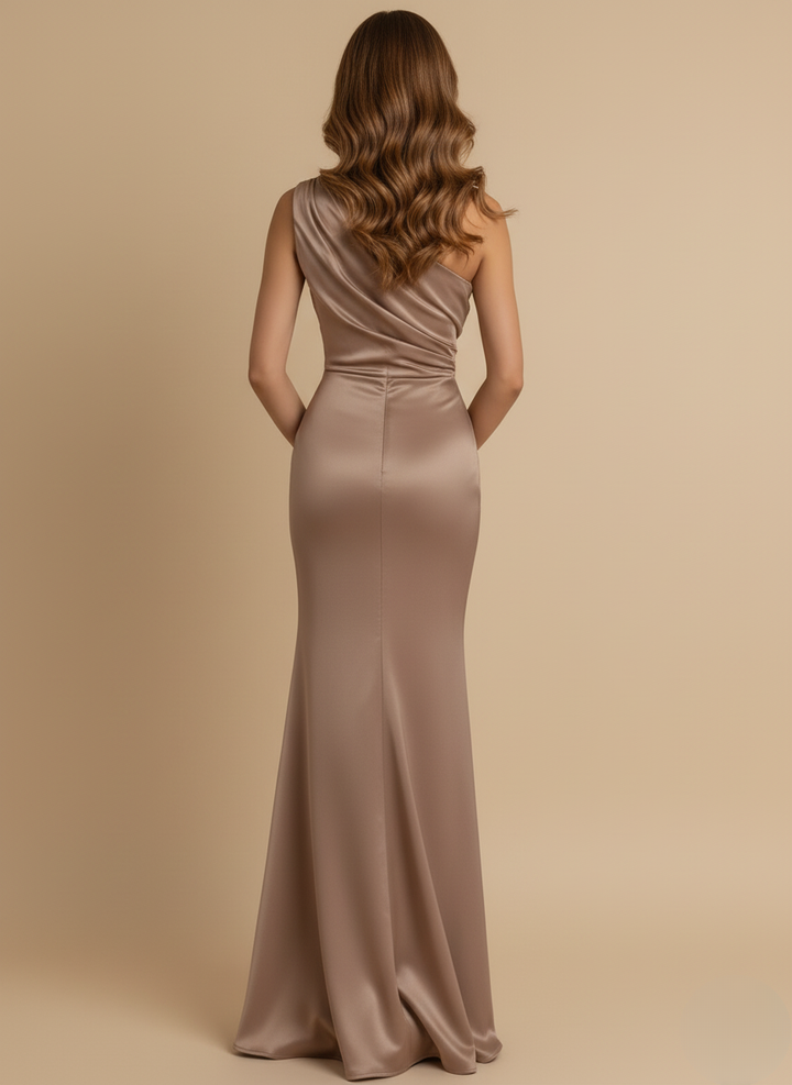 Ruched One Shoulder Satin Maxi Dress - Formal Evening Gown