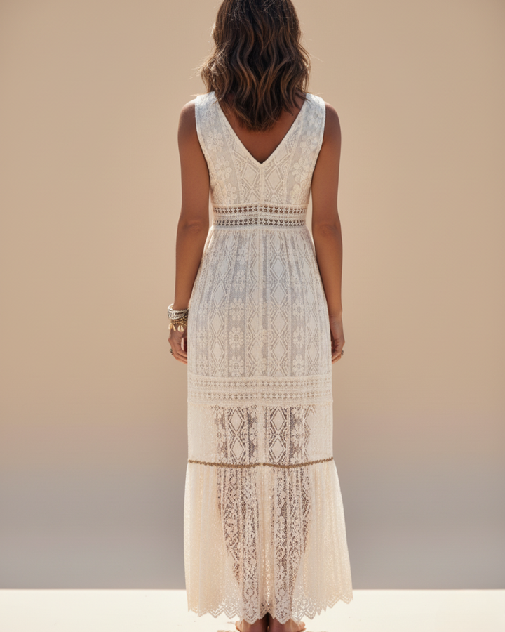 Lace Tassel V Neck Sleeveless Boho Maxi Dress - Wedding Guest