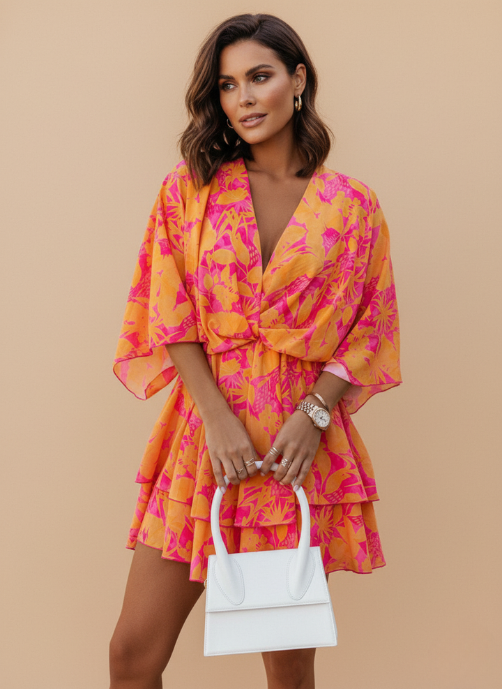 Floral Twist Front Tiered Boho Summer Mini Dress