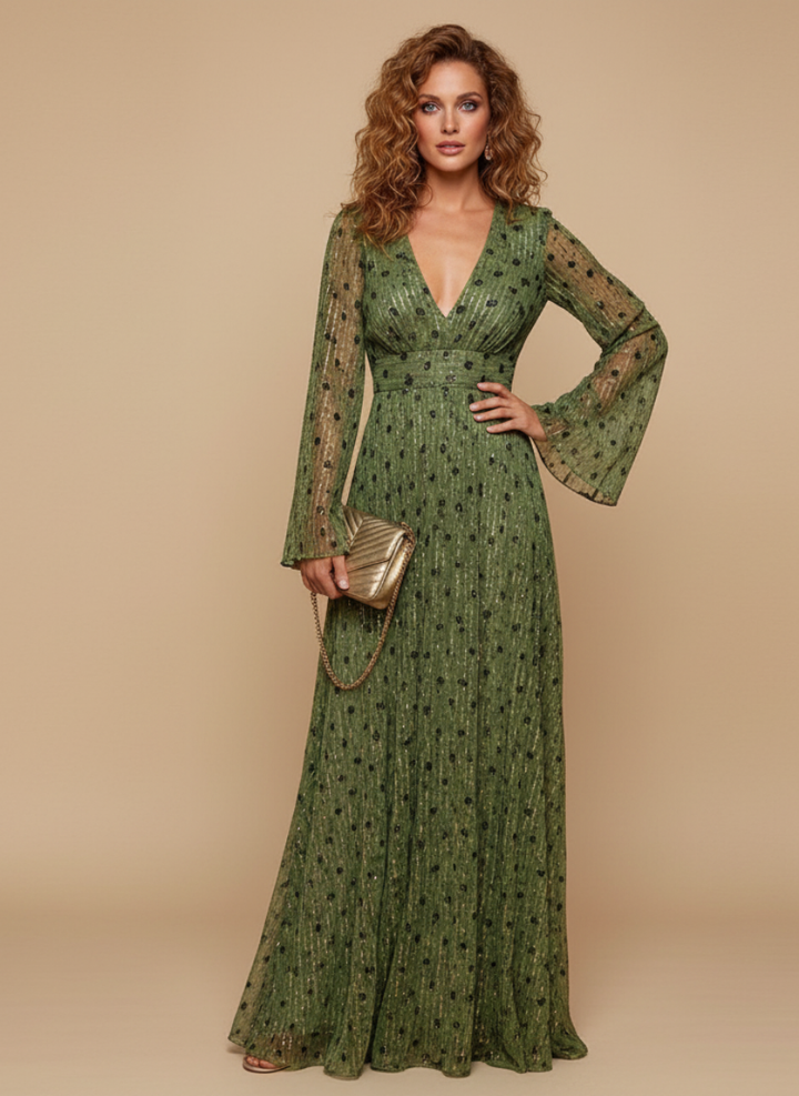 Polka Dot Shimmer Boho Maxi Dress - Formal Evening Gown
