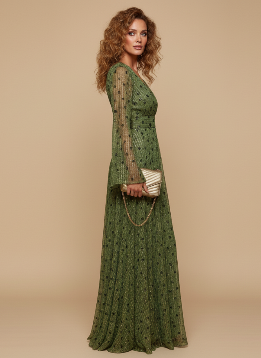 Polka Dot Shimmer Boho Maxi Dress - Formal Evening Gown