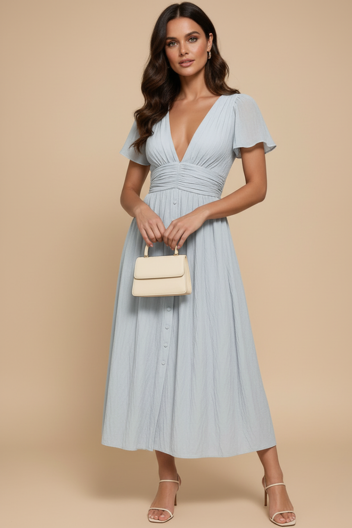 Ruched Flutter Sleeve Pleated A Line Midi Dress - Wedding Guest