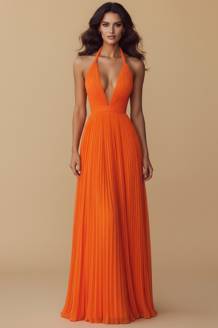 Elegant Pleated Halter Neck Maxi Dress - Formal Evening Gown